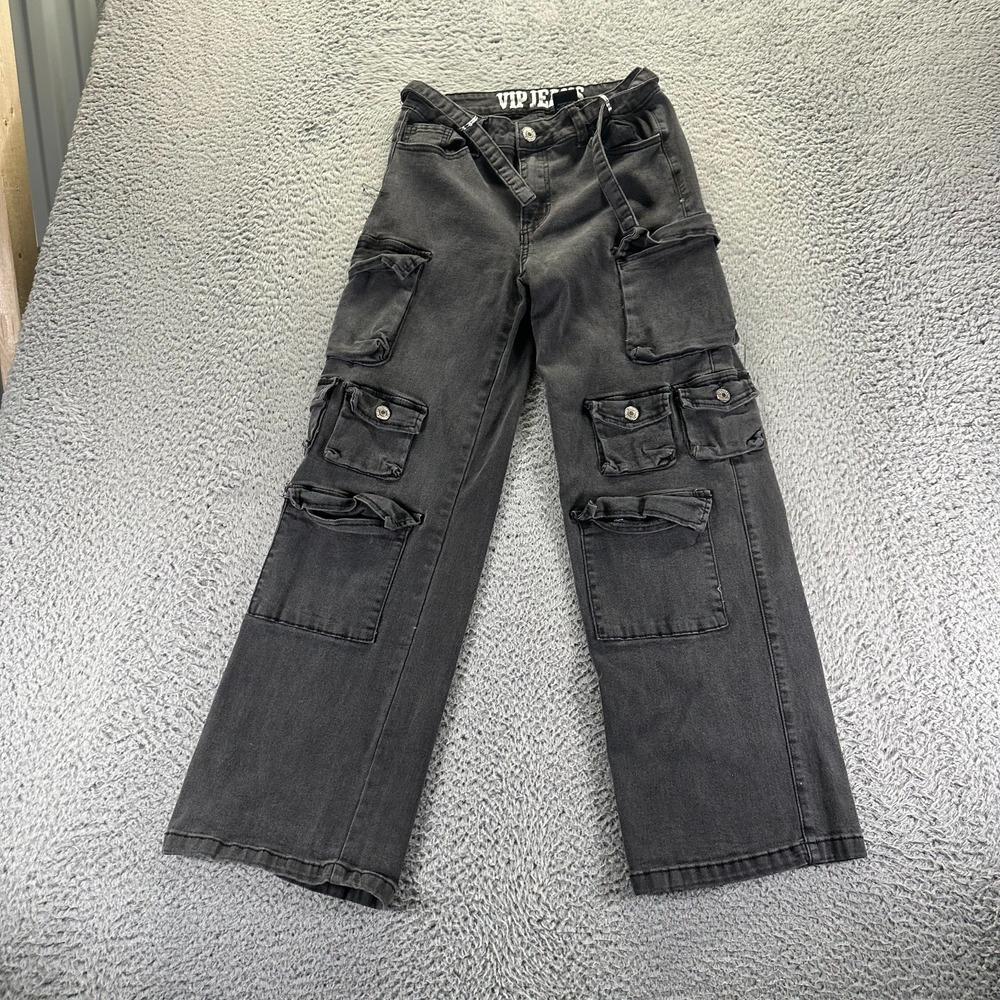 V.I.P Jeans Womens 5 Black Denim Cotton‎ Cargo Straight Baggy Stretch Steampunk